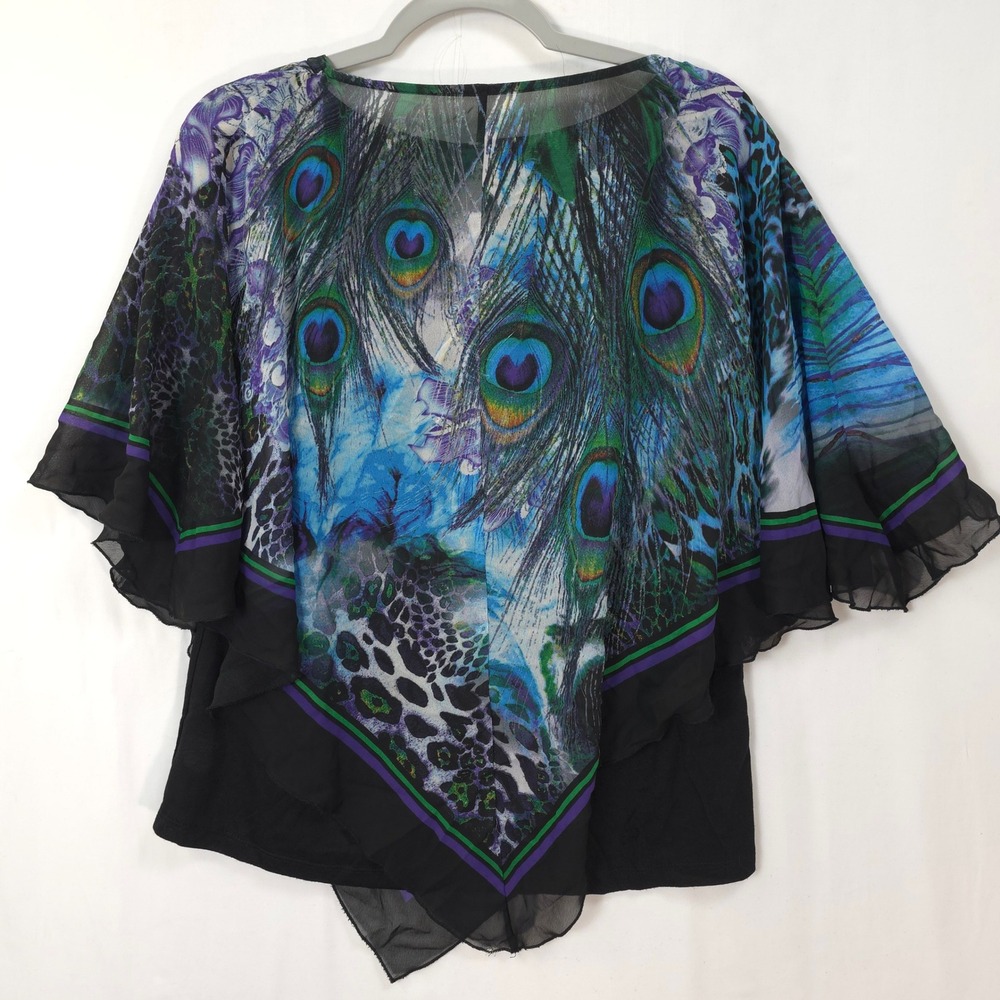 Peacock Print Poncho Blouse Sheer Overlay Beaded L Boho Statement Top Resort - Picture 2 of 9